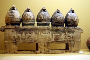 Geometric-style ceramic box from a cremation burial of a wealthy pregnant woman (c. 850 BCE)