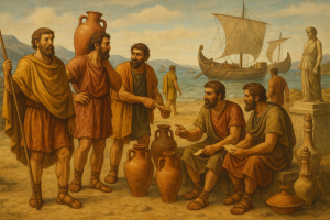 Independent Greek merchants and craftsmen at a bustling coastal port, preparing goods for trade as ships anchor in the background