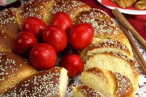 Easter sweet bread with red eggs