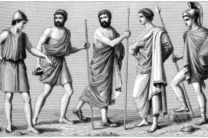 Men wore simple attire such as loincloths or short tunics, often fastened at the shoulders and belted at the waist.