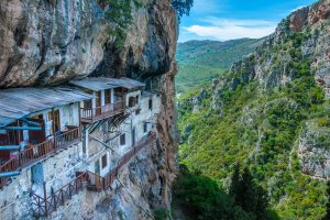 The monastery is built in the 16th century on a huge vertical rock inside Lousios river gorge