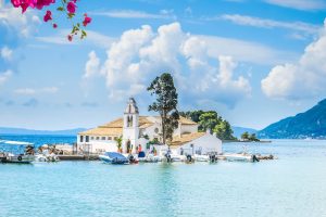 view of Vlacherna monastery island, Kanoni, Corfu ialand Greece