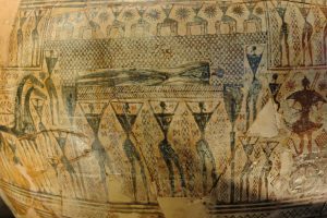Funerary scene from a Geometric krater by the Dipylon Painter, c. 750 BCE. Louvre Museum.