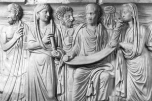 Presumed depiction of Plotinus and his disciples on a Roman sarcophagus in the Museo Gregoriano Profano, Vatican Museums, Rome