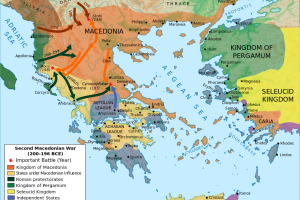 Map of the Second Macedonian War (200–197 BCE), depicting key battles and Roman military movements against King Philip V of Macedon