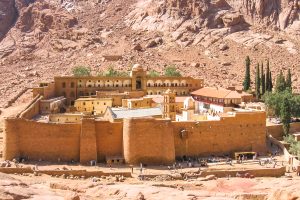 Aerial view of the Monastery of St. Catherine, the oldest Christian Monastery located on the slopes of Mount Horeb, Sinai Peninsula in Egypt.