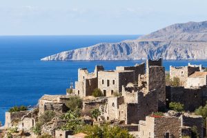Greece Vatheia village. Architectural and historical old traditional abandoned tower houses in Vathia on Mani Peninsula. Laconia Peloponnese Europe.